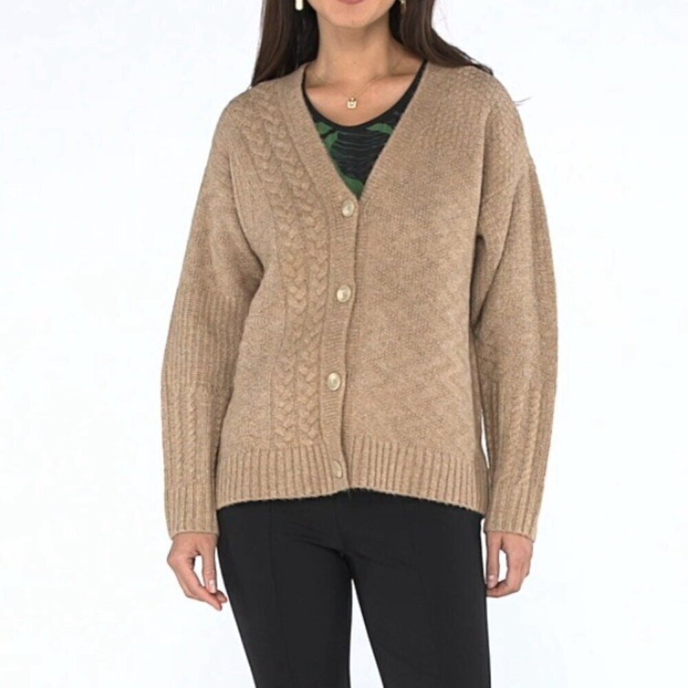 CAbi Neighborhood cardigan sweater boxy cable knit oversized camel tan new Small